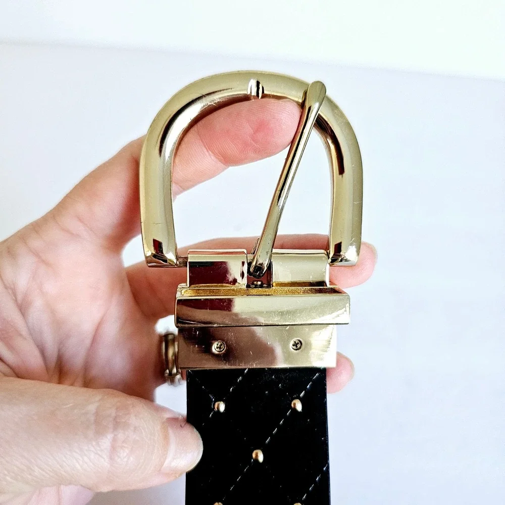 Womens Reversible Black‎ Gold Studded Diamond Belt 40 inches Long - B384.1
